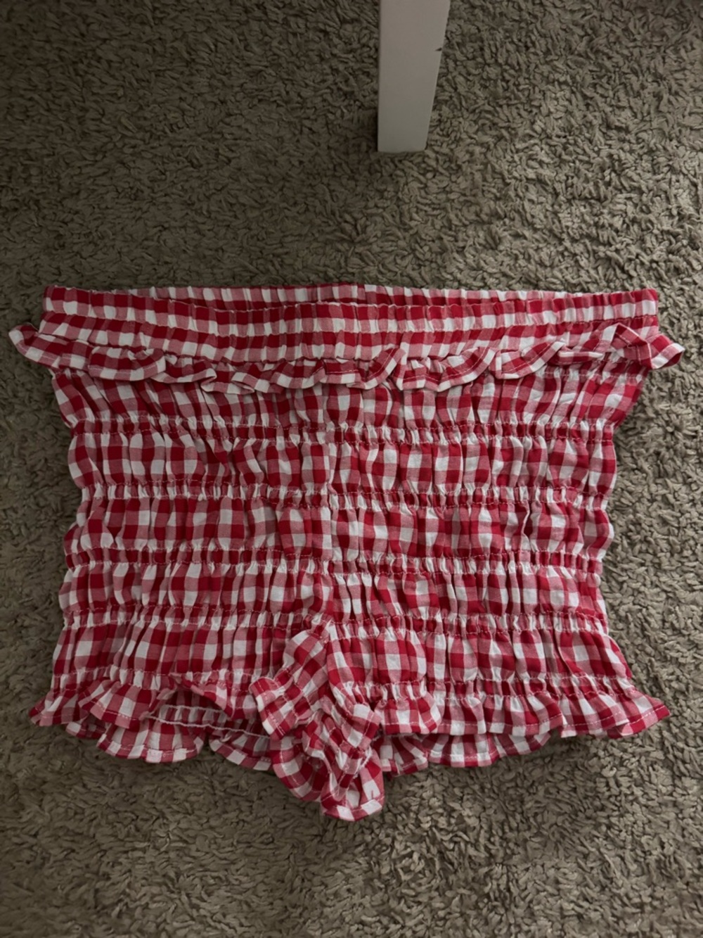 SHEIN Red and White Gingham Smocked Shorts with Ruffle Hem